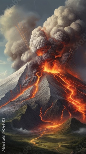 Explosive Volcano Eruption with Fiery Lava and Thick Smoke