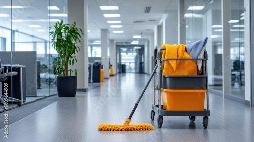 Gray cleaning trolley with mop on office floor surface. photo