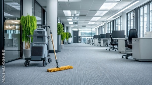 Empty office corridor with mop and cleaning trolley.