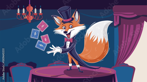 Whimsical fox performing magic trick in top hat and tails.