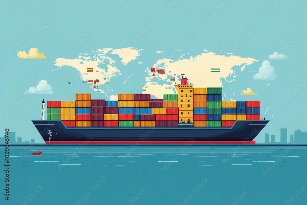 Obraz premium Colorful cargo ship sailing on calm waters with a world map backdrop, showcasing global trade and transportation logistics.