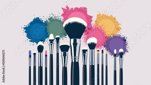 Makeup brushes with colorful powder pigments in stylized illustration.