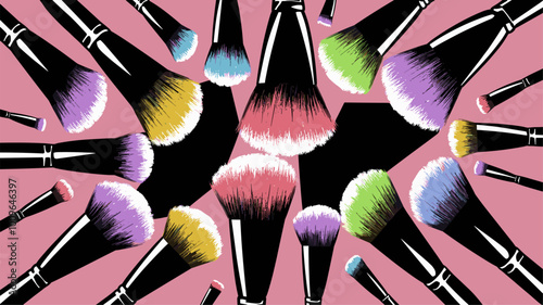 Makeup brushes with colorful powder pigments in stylized illustration.