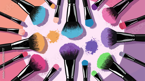 Makeup brushes with colorful powder pigments in stylized illustration.