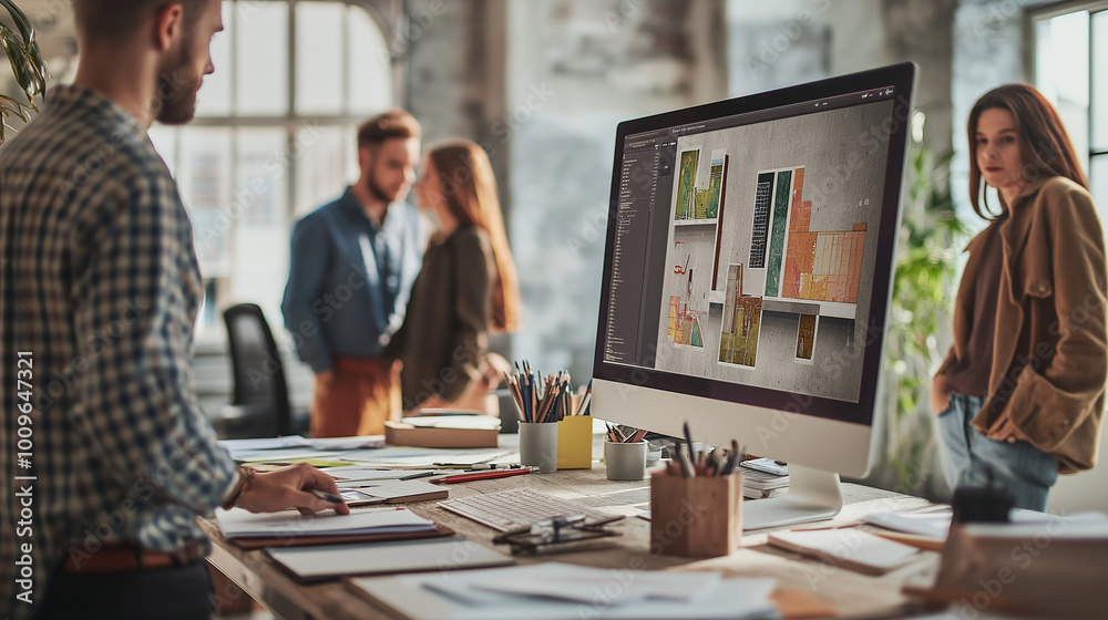Architects Reviewing Project on Large Screen in Industrial-Style Modern Office Architects Reviewing Project on Large Screen in Industrial-Style Modern Office