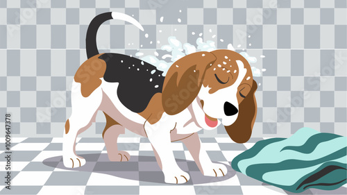 Beagle puppy shaking off water and suds after a bath.