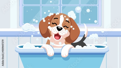 Beagle puppy shaking off water and suds after a bath.