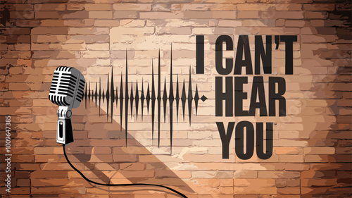 Microphone emitting sound waves transforming into words on textured wall.