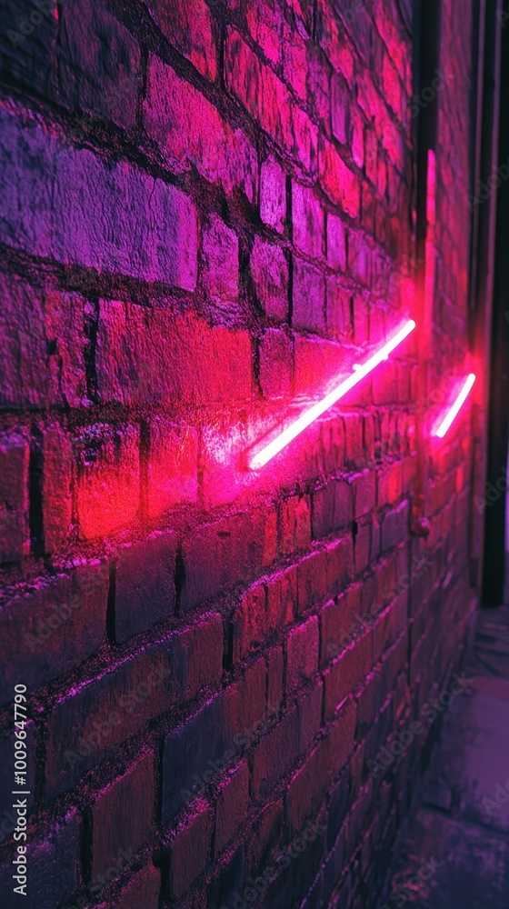 Obraz premium Neon Glowing Lines on Rough Brick Wall