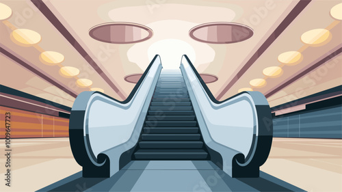 Empty escalator ascending into blurred lights of mall atrium.