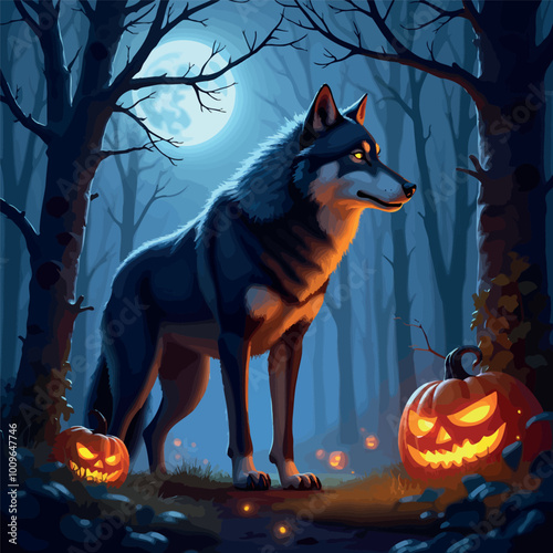 "A Halloween night scene with a haunted house, A large, full moon shines brightly in the sky, a menacing wolf stands howling at the moon. vector illustration