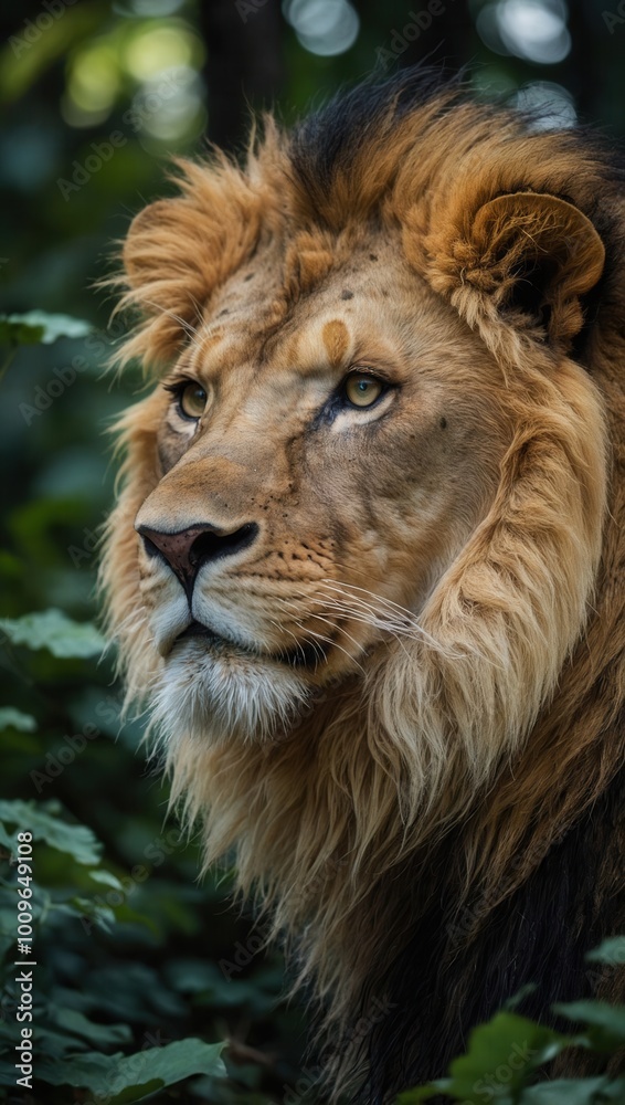 Majestic lion with full mane roaring in jungle Majestic lion with full mane roaring in jungle