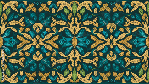 Tapestry with rich pattern of intertwined gold and emerald leaves.