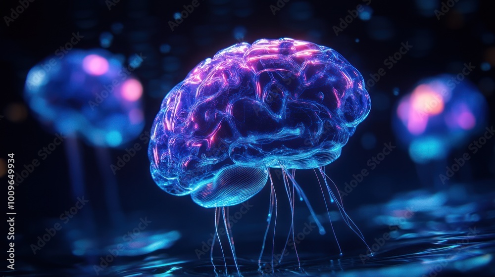 Obraz premium Floating digital neon brain with glowing trails