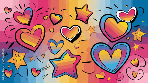 Joyful and energetic doodle art header with hearts, stars, and swirls in vibrant colors.