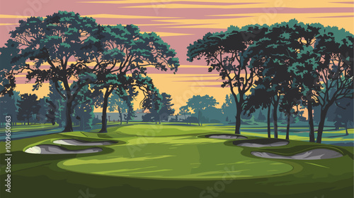 Pristine golf course with a hole framed by majestic trees at sunrise..