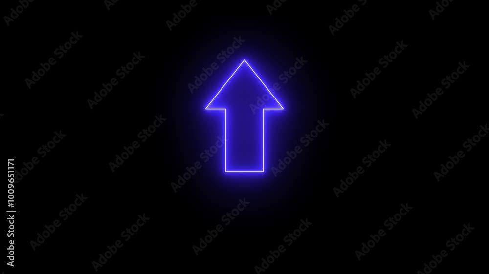  Abstract glowing neon up arrow icon animation on black background. Neon  upload arrow icon animation on 4k video