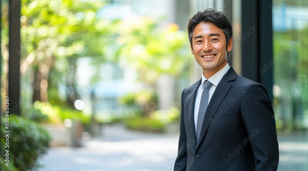 A confident businessman in a suit smiles while standing outdoors in a modern city.