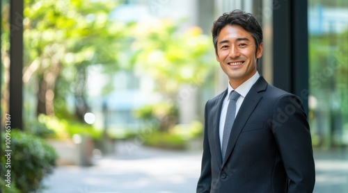 A confident businessman in a suit smiles while standing outdoors in a modern city.