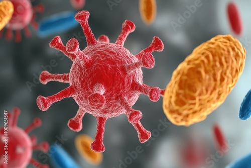 Close-up of virus structure, colorful microscopic view on isolate background photo