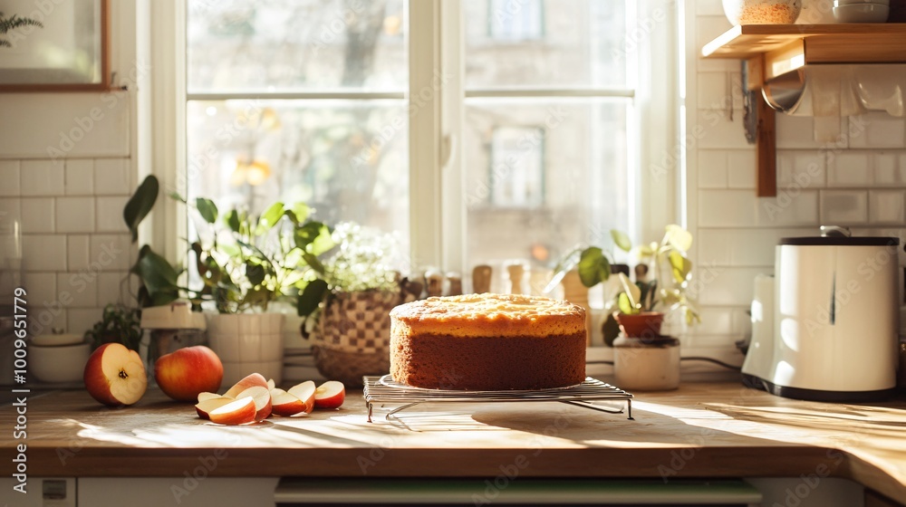 A clean, open kitchen space with a single pumpkin cake cooling on a wire rack, with natural sunlight streaming through the window and apple slices on the side