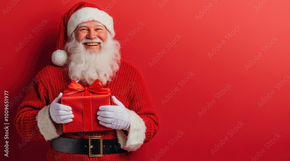 Smiling Santa Claus Holding a Christmas Gift Box on red background with copy space, used christmas and holidays advertising. Smiling Santa Claus Holding a Christmas Gift Box on red background with copy space, used christmas and holidays advertising.