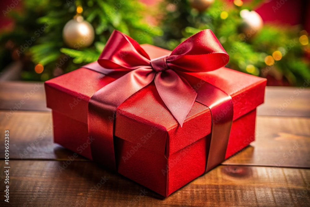 Bright Red Gift Box Tied with a Bow for Celebrations, Holidays, and Special Occasions in Decorated Setting Bright Red Gift Box Tied with a Bow for Celebrations, Holidays, and Special Occasions in Decorated Setting