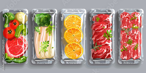 A series of plastic containers with different types of food, including meat, vegetables, and fruit. The containers are all lined up next to each other