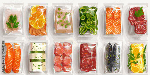 A close up of a variety of food items in plastic containers, including fish, meat, and vegetables