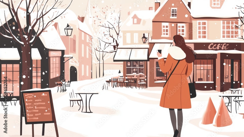 A woman is walking down a snowy street in front of a cafe A woman is walking down a snowy street in front of a cafe
