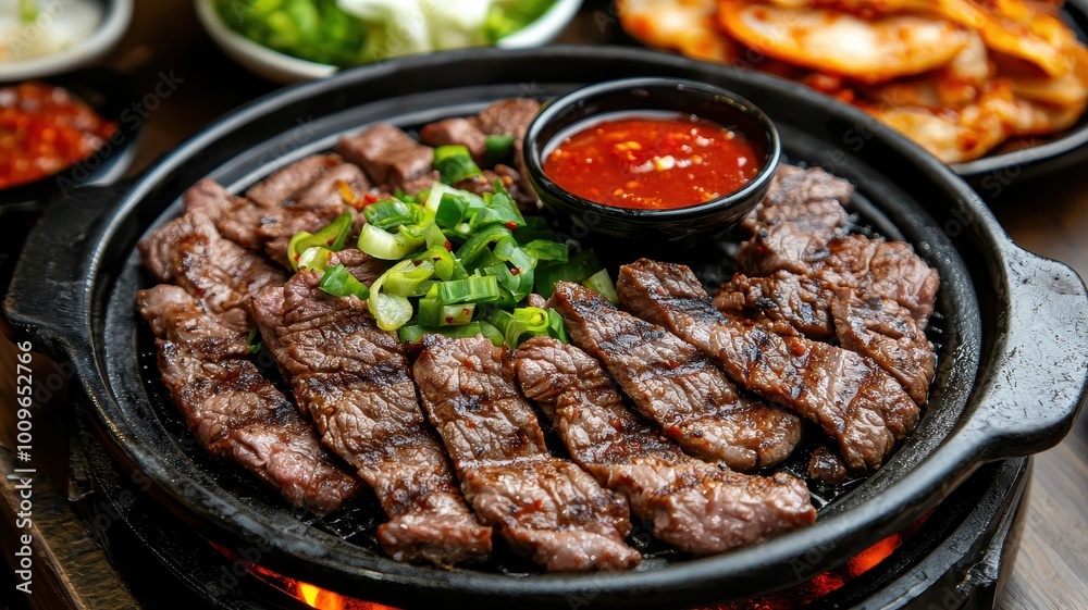 Delicious grilled beef slices with green onions and dipping sauce Delicious grilled beef slices with green onions and dipping sauce