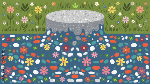 Granite podium melting into river with colorful pebbles and flowers.