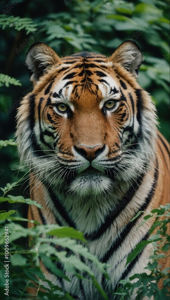 Calm tiger facing camera in natural jungle setting Calm tiger facing camera in natural jungle setting