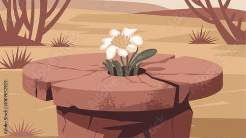 Delicate flower blooming from crack in sandstone podium in harsh desert.