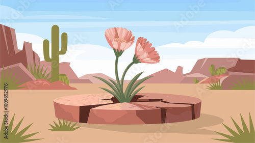 Delicate flower blooming from crack in sandstone podium in harsh desert.