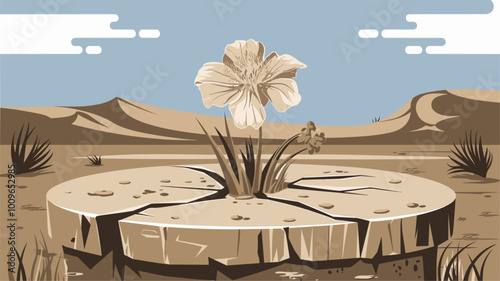 Delicate flower blooming from crack in sandstone podium in harsh desert.