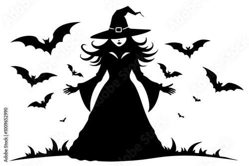 Little flying witch, Halloween party. A girl on a broom with a black cat and a pumpkin lantern, isolated graphics