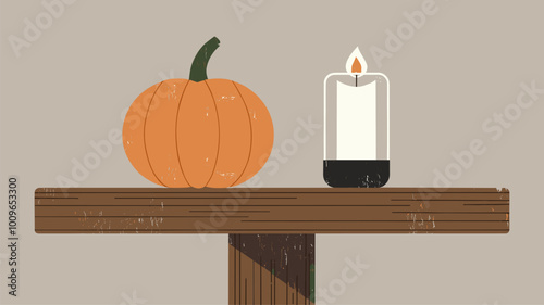 Minimalist composition of single pumpkin and candle on wooden table.