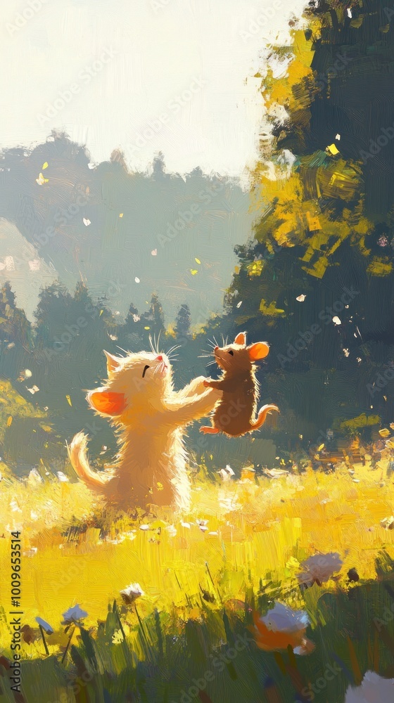 A playful kitten joyfully lifts a small mouse in a sunny, vibrant meadow. A playful kitten joyfully lifts a small mouse in a sunny, vibrant meadow.