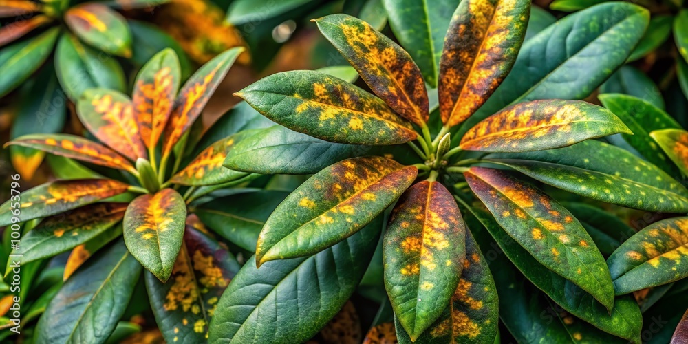 Obraz premium Brown spots on rhododendron leaves indicating potential disease or environmental stress symptoms