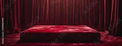 A luxurious red stage with velvet curtains, Mock up template for product presentation.