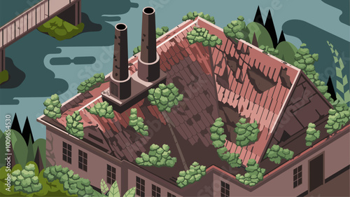 Crumbling metal tile roof factory overgrown with vegetation, symbolizing industrial decline.