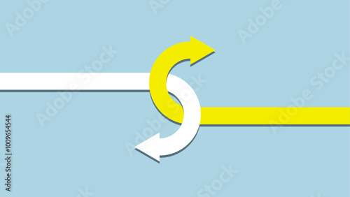 Two arrows, one white and one yellow, crossing over each other on a light blue background with clean lines and a minimalist design. The arrows are heading in opposite directions.