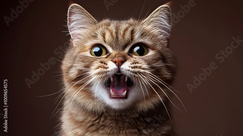 A cat looking up with its mouth open, displaying a playful or surprised expression in a moment of curiosity.