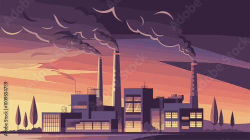 Industrial complex at dusk with smokestacks emitting dark smoke.