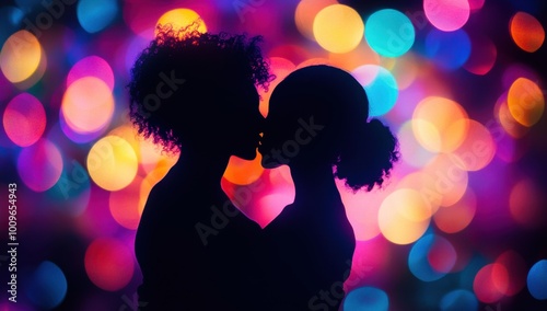 A silhouette of two people embracing, with colorful bokeh lights in the background, symbolizing love and connection Generative AI