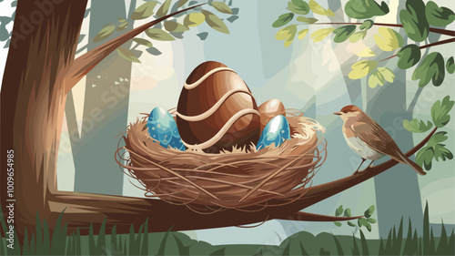 Chocolate Easter egg nestled in a bird's nest with sunlight filtering through leaves.