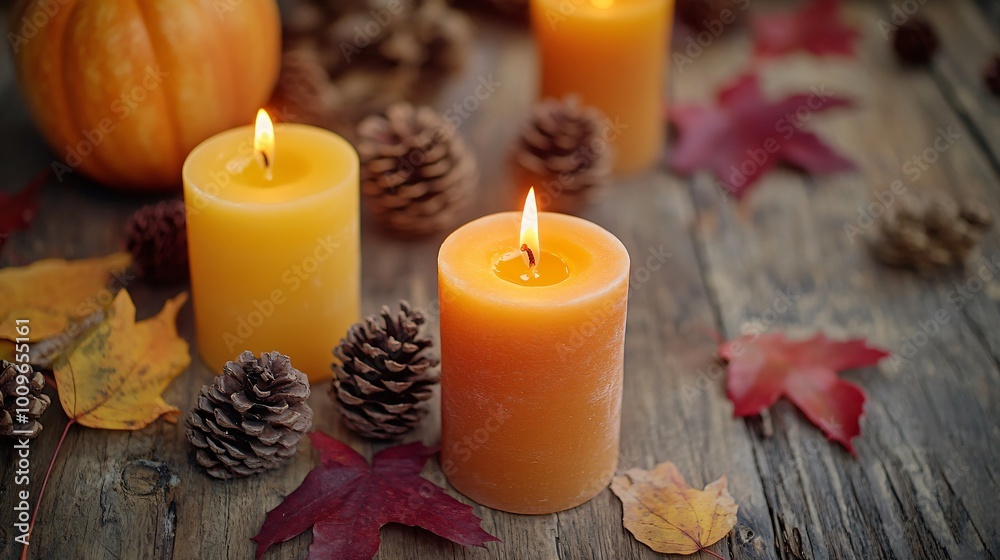 Bright yellow and orange candles arranged on a rustic wooden table, with pinecones, small pumpkins, and deep crimson leaves as accents in a cozy atmosphere Bright yellow and orange candles arranged on a rustic wooden table, with pinecones, small pumpkins, and deep crimson leaves as accents in a cozy atmosphere