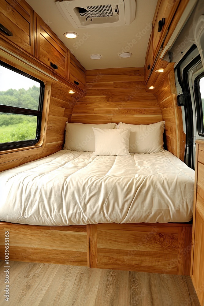 Cozy motorhome interior featuring a comfortable bed and wooden accents. Cozy motorhome interior featuring a comfortable bed and wooden accents.