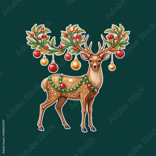 Christmas Deer Decorated vector PNG, Clipping Path on Transparent background